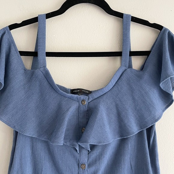 Moa Moa Top Flutter Off the Shoulders Strap Flowy Blouse Casual Buttoned Blue S - Picture 2 of 9
